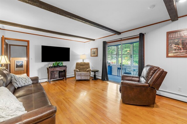 11 Carnelli Ct, Poughkeepsie, NY 12603 - living room with beam ceiling, ornamental molding, light wood-type flooring, and a baseboard heating unit