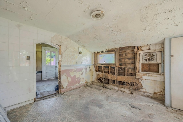 misc room featuring vaulted ceiling and arched walkways