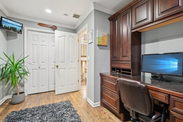 98 Beach Rd, Westhampton Beach, NY 11978 - office space featuring ornamental molding, light wood-style flooring, baseboards, and recessed lighting