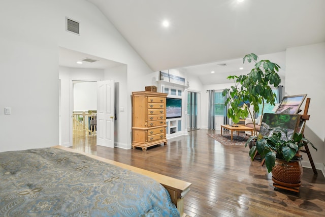 98 Beach Rd, Westhampton Beach, NY 11978 - bedroom with hardwood / wood-style floors, recessed lighting, baseboards, and high vaulted ceiling