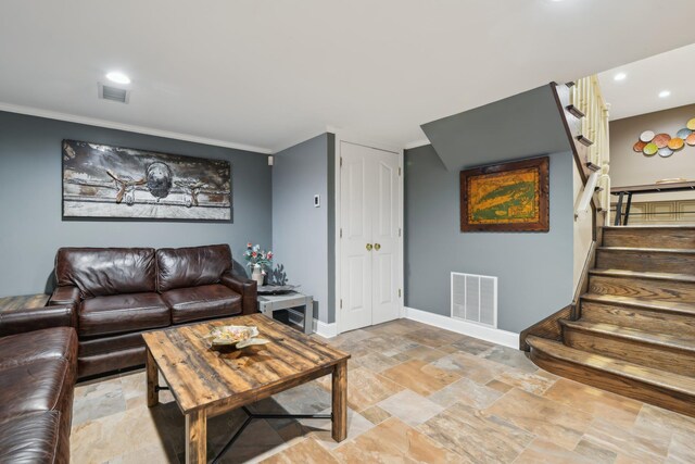 98 Beach Rd, Westhampton Beach, NY 11978 - living area featuring stairway, stone tile flooring, baseboards, recessed lighting, and crown molding