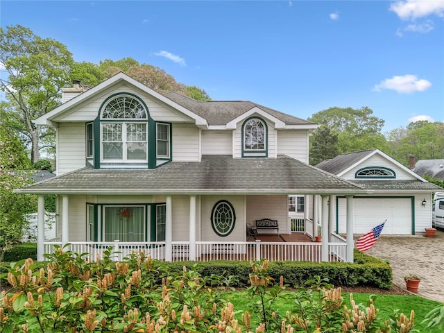 98 Beach Rd, Westhampton Beach, NY 11978 - view of front facade with covered porch, an attached garage, driveway, and a chimney