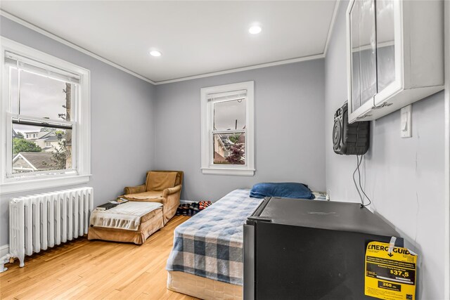 16 Rollhaus Pl, Port Chester, NY 10573 - bedroom featuring radiator, crown molding, light wood-style flooring, refrigerator, and recessed lighting