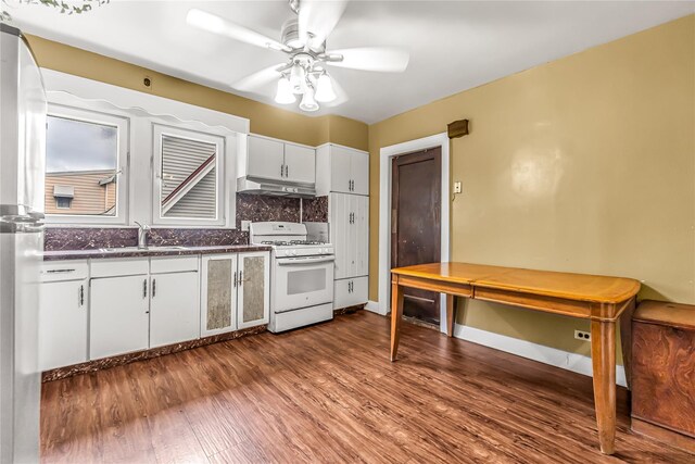 16 Rollhaus Pl, Port Chester, NY 10573 - kitchen with white gas range, under cabinet range hood, a sink, dark wood-style floors, and ceiling fan