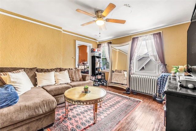 16 Rollhaus Pl, Port Chester, NY 10573 - living room with a textured wall, radiator heating unit, ceiling fan, hardwood / wood-style flooring, and crown molding