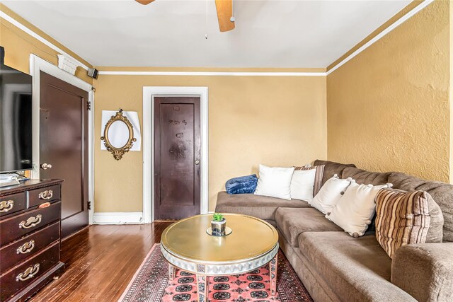16 Rollhaus Pl, Port Chester, NY 10573 - living room with ceiling fan, a textured wall, dark wood-style flooring, and ornamental molding