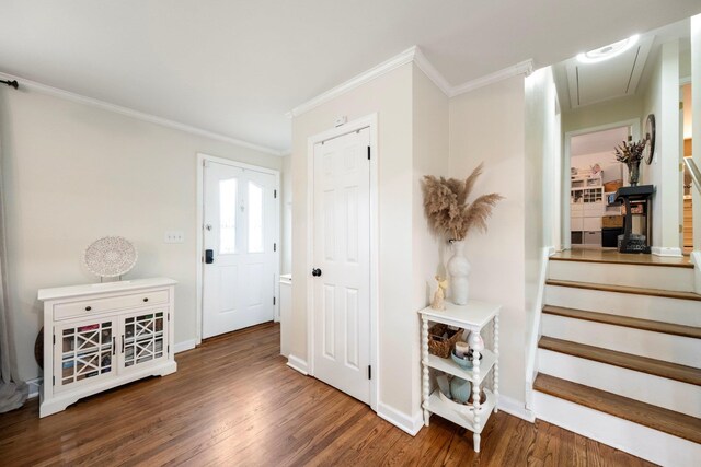 22 Willow Pl, Middletown, NY 10940 - entryway with crown molding, wood finished floors, baseboards, and stairs