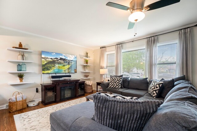 22 Willow Pl, Middletown, NY 10940 - living area featuring a ceiling fan, wood finished floors, ornamental molding, and baseboards