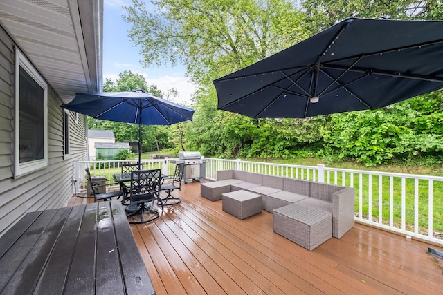22 Willow Pl, Middletown, NY 10940 - wooden terrace with outdoor dining space, a grill, and an outdoor hangout area