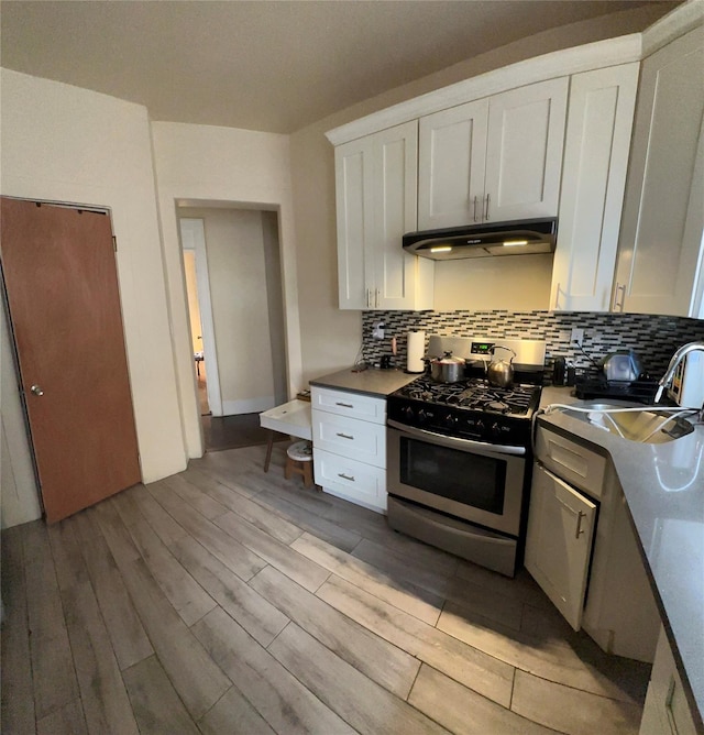 215 S 1st Ave, Mount Vernon, NY 10550 - kitchen featuring stainless steel gas range, under cabinet range hood, backsplash, and light wood-style floors