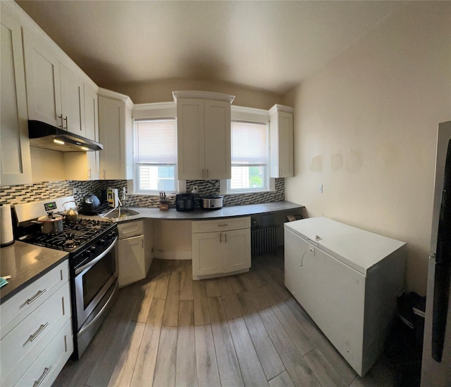 215 S 1st Ave, Mount Vernon, NY 10550 - kitchen featuring gas range, under cabinet range hood, light wood-style floors, backsplash, and fridge