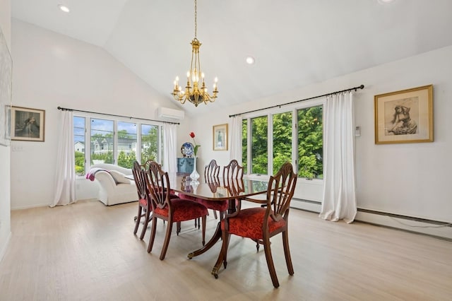 2525 Beverly Rd, Merrick, NY 11566 - dining space with a wall mounted AC, a chandelier, light wood-type flooring, high vaulted ceiling, and recessed lighting