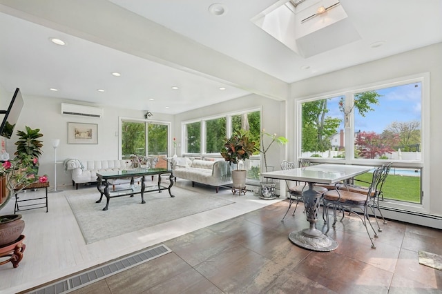 2525 Beverly Rd, Merrick, NY 11566 - sunroom with plenty of natural light, a wall mounted air conditioner, and a skylight