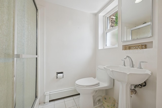 2525 Beverly Rd, Merrick, NY 11566 - bathroom featuring baseboard heating, tile patterned flooring, a stall shower, and toilet