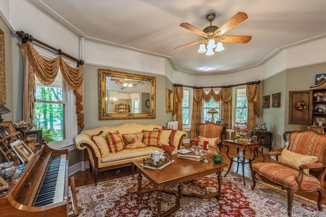 110 Red Spring Ln, Glen Cove, NY 11542 - living area with ceiling fan, wood finished floors, plenty of natural light, and baseboards