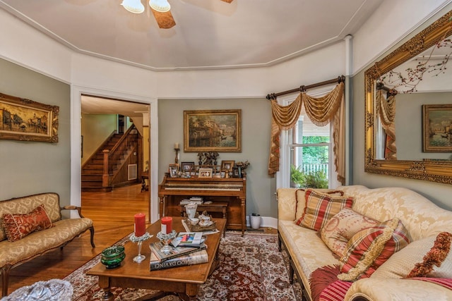 110 Red Spring Ln, Glen Cove, NY 11542 - living area with a ceiling fan, stairs, and wood finished floors