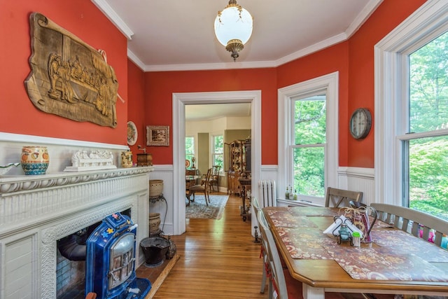 110 Red Spring Ln, Glen Cove, NY 11542 - dining area featuring a wainscoted wall, wood finished floors, a wood stove, and ornamental molding