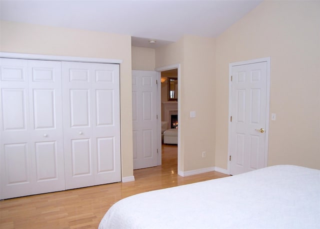 29 Madison Cir, Middle Island, NY 11953 - bedroom featuring light wood-style floors, baseboards, a closet, and a lit fireplace