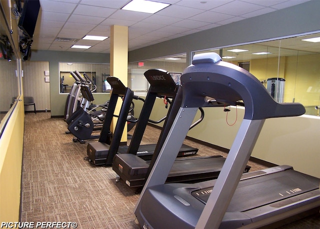 29 Madison Cir, Middle Island, NY 11953 - gym with carpet floors, a paneled ceiling, and baseboards