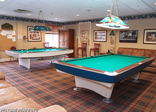 29 Madison Cir, Middle Island, NY 11953 - recreation room featuring pool table, carpet flooring, and a drop ceiling