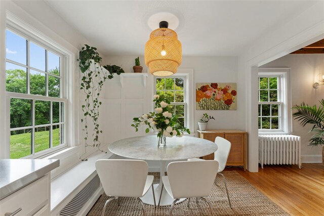 dining space featuring radiator heating unit, healthy amount of natural light, and light wood finished floors