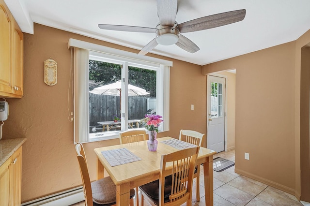 23 John St, Port Jefferson Station, NY 11776 - dining area with baseboard heating, ceiling fan, light tile patterned floors, and baseboards