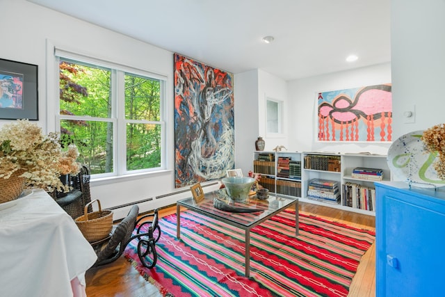 10 S Mountain Pond, Garrison, NY 10524 - living room with wood finished floors, a baseboard radiator, and recessed lighting