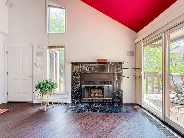 5 Water Lilly Ln, Monticello, NY 12701 - living room with wood finished floors, a baseboard heating unit, high vaulted ceiling, a premium fireplace, and baseboards