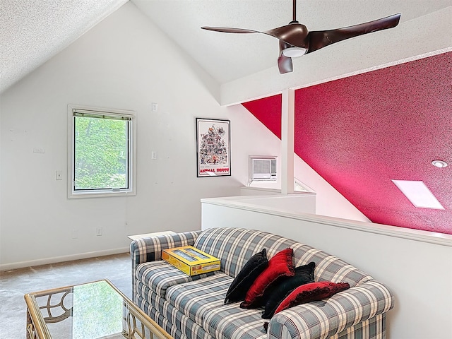 5 Water Lilly Ln, Monticello, NY 12701 - living area with lofted ceiling, carpet flooring, baseboards, a textured ceiling, and a ceiling fan