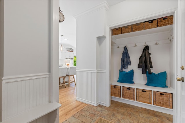 2 Robert Crisfield Pl, Rye, NY 10580 - mudroom with light stone finish flooring and ornamental molding
