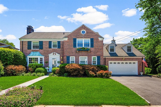 17 Byron Ln, Larchmont, NY 10538 - view of front facade featuring brick siding, driveway, a front yard, an attached garage, and a chimney