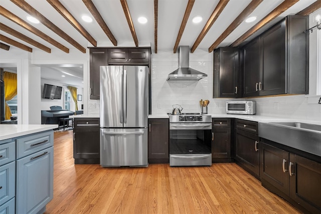 1219 Maple Ave, Peekskill, NY 10566 - kitchen with appliances with stainless steel finishes, wall chimney exhaust hood, decorative backsplash, beamed ceiling, and a sink