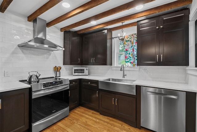 1219 Maple Ave, Peekskill, NY 10566 - kitchen with appliances with stainless steel finishes, exhaust hood, tasteful backsplash, a sink, and beam ceiling