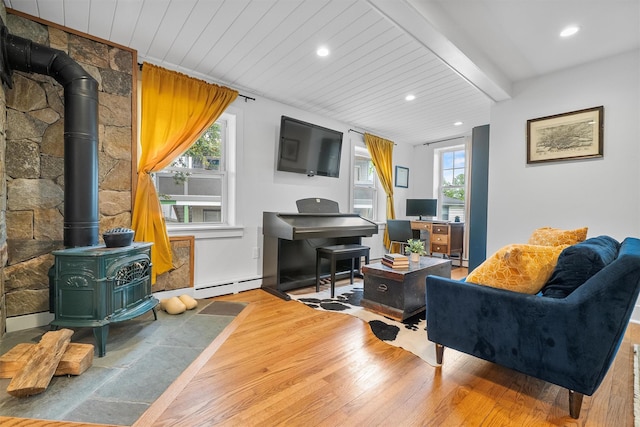 1219 Maple Ave, Peekskill, NY 10566 - living area with a wood stove, a baseboard radiator, wood-type flooring, beam ceiling, and recessed lighting