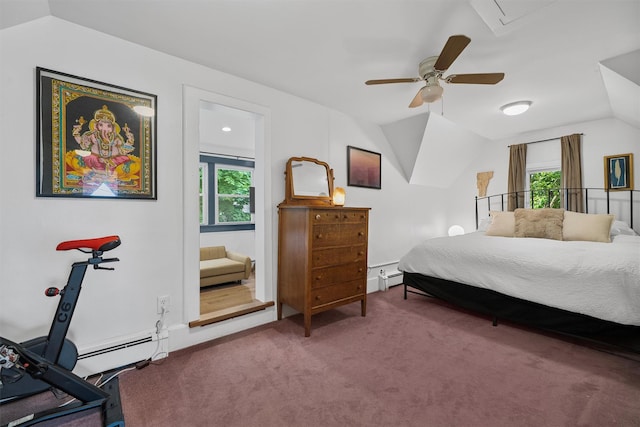 1219 Maple Ave, Peekskill, NY 10566 - carpeted bedroom with multiple windows, a baseboard heating unit, lofted ceiling, and a ceiling fan