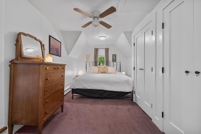 1219 Maple Ave, Peekskill, NY 10566 - bedroom with carpet floors, a baseboard radiator, vaulted ceiling, and ceiling fan
