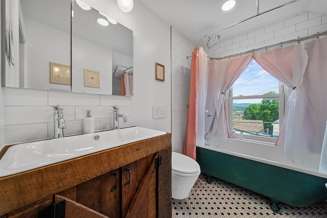 1219 Maple Ave, Peekskill, NY 10566 - bathroom featuring toilet, tasteful backsplash, vanity, and shower / bath combination with curtain