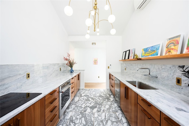 82 Moadock Rd, Millerton, NY 12546 - kitchen with stainless steel appliances, a sink, open shelves, light marble finish flooring, and light stone countertops