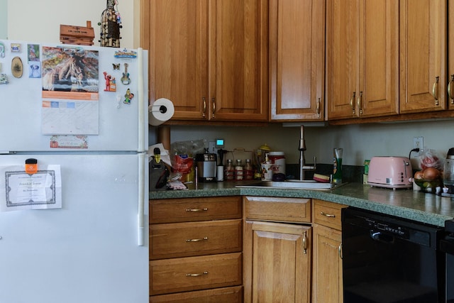 11 Crescent St, Mastic, NY 11950 - kitchen with freestanding refrigerator, dishwasher, a sink, brown cabinets, and dark countertops