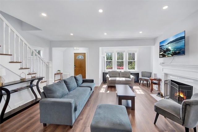 26 Alta Dr, Mount Vernon, NY 10552 - living room with recessed lighting, a fireplace, stairway, wood finished floors, and baseboards