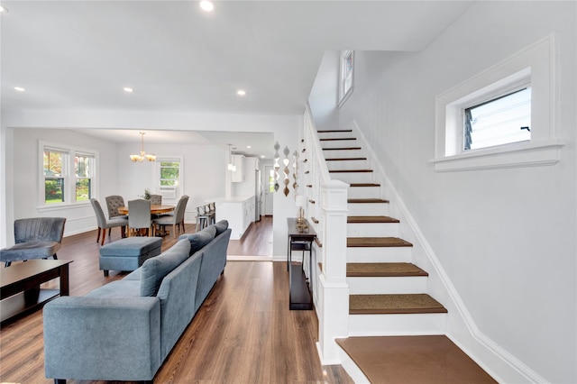 26 Alta Dr, Mount Vernon, NY 10552 - living room with stairway, dark wood finished floors, a chandelier, recessed lighting, and baseboards