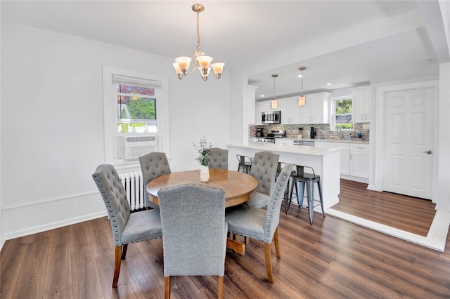 26 Alta Dr, Mount Vernon, NY 10552 - dining room featuring a chandelier, dark wood finished floors, recessed lighting, baseboards, and cooling unit