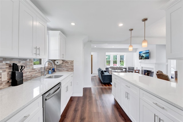 26 Alta Dr, Mount Vernon, NY 10552 - kitchen with dishwasher, a sink, open floor plan, dark wood-style flooring, and backsplash