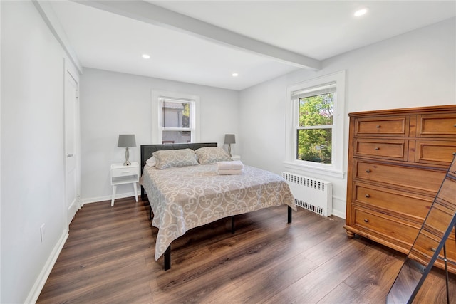 26 Alta Dr, Mount Vernon, NY 10552 - bedroom with radiator heating unit, dark wood-style flooring, beam ceiling, recessed lighting, and baseboards