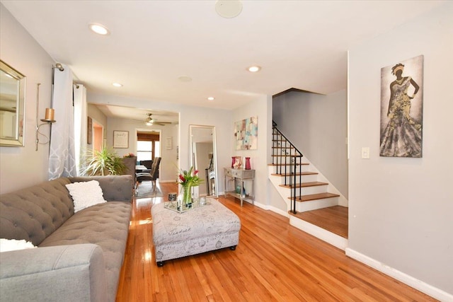 186 E Chester St, Valley Stream, NY 11580 - living room with light wood-style floors, stairs, ceiling fan, baseboards, and recessed lighting