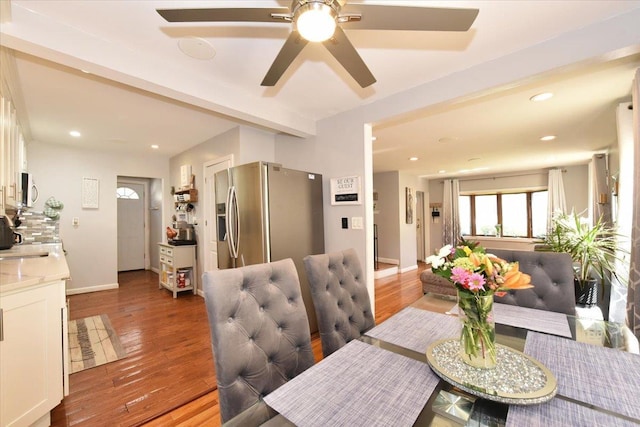 186 E Chester St, Valley Stream, NY 11580 - dining space with a ceiling fan, baseboards, wood finished floors, and recessed lighting