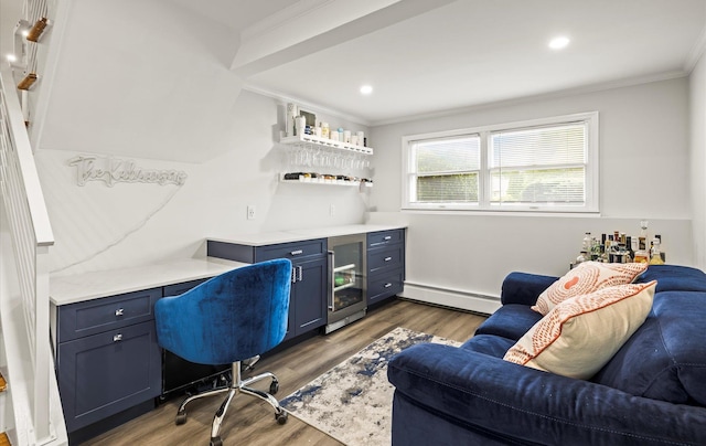 19 Walter Ct, Commack, NY 11725 - office area featuring a baseboard radiator, crown molding, a dry bar, wood finished floors, and recessed lighting