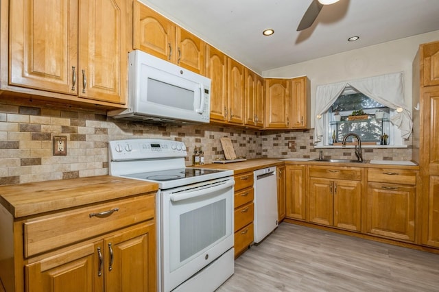 722 Shenandoah Ave, Peekskill, NY 10566 - kitchen featuring white appliances, butcher block countertops, ceiling fan, a sink, and recessed lighting