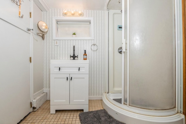722 Shenandoah Ave, Peekskill, NY 10566 - full bath featuring a shower stall, tile patterned flooring, vanity, and baseboards