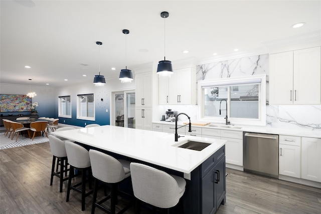 18 Heron Ct, Levittown, NY 11756 - kitchen featuring stainless steel dishwasher, a sink, tasteful backsplash, recessed lighting, and ornamental molding